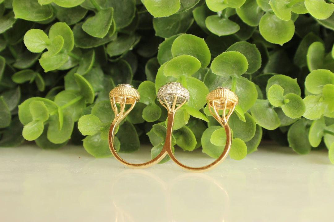 Two Finger Gold Diamond Ring, Diamond Cuff Ring, Dual Tone Ring, 14K Solid Gold Band,  Natural diamond, Centre Open Ring