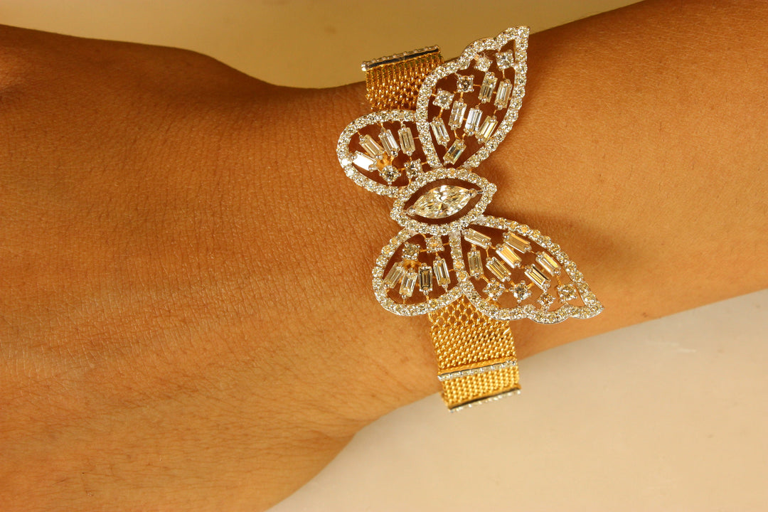 Butterfly Diamond Tennis Broad Bracelet in 14k Solid Gold, Marquise, Moissanite Bracelet, Italian Mesh chain Cocktail Bracelet, Gift for her