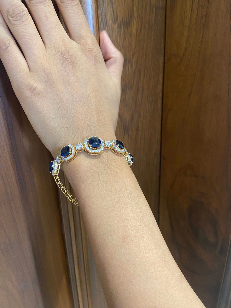 Blue Sapphire Diamond Bracelet, 14k Solid Gold, Gemstone Bracelet, Natural Diamonds, Illusion Set Bracelet, Anniversary Gift for her
