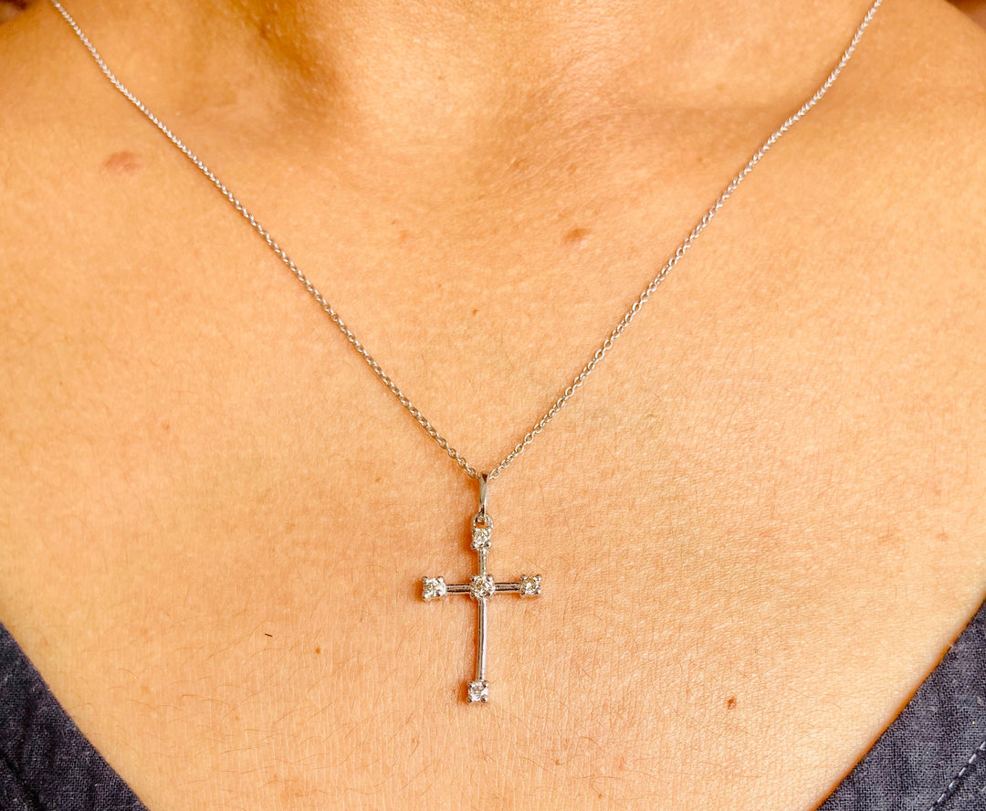Cross Diamond Pendant in 14k Solid Gold, Natural Diamond Cross Necklace With Adjustable Chain, Half Bezel Setting, Communion Gift for her