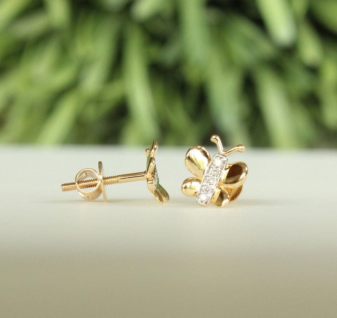 Kids Butterfly Diamond Stud Earrings, 14k Solid Gold, Natural Diamonds, Kids Jewelry, Gift for toddlers, girls and kids