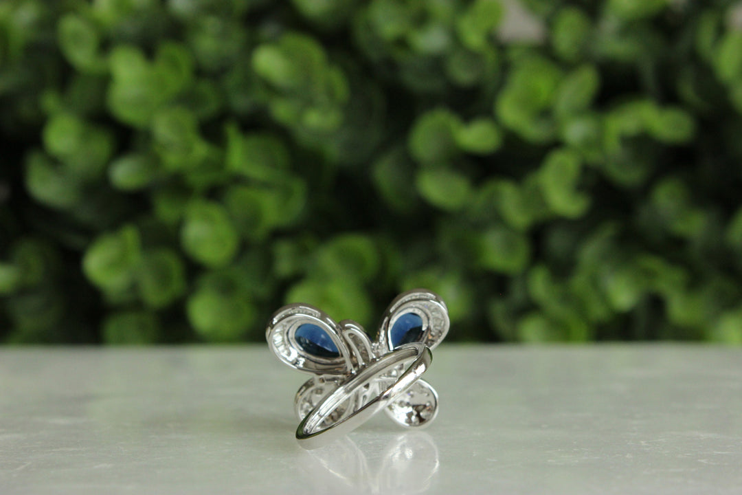 Blue Sapphire Butterfly Diamond Ring in 14K Solid Gold, Natural Diamonds,  Gemstone Ring, Gift for her