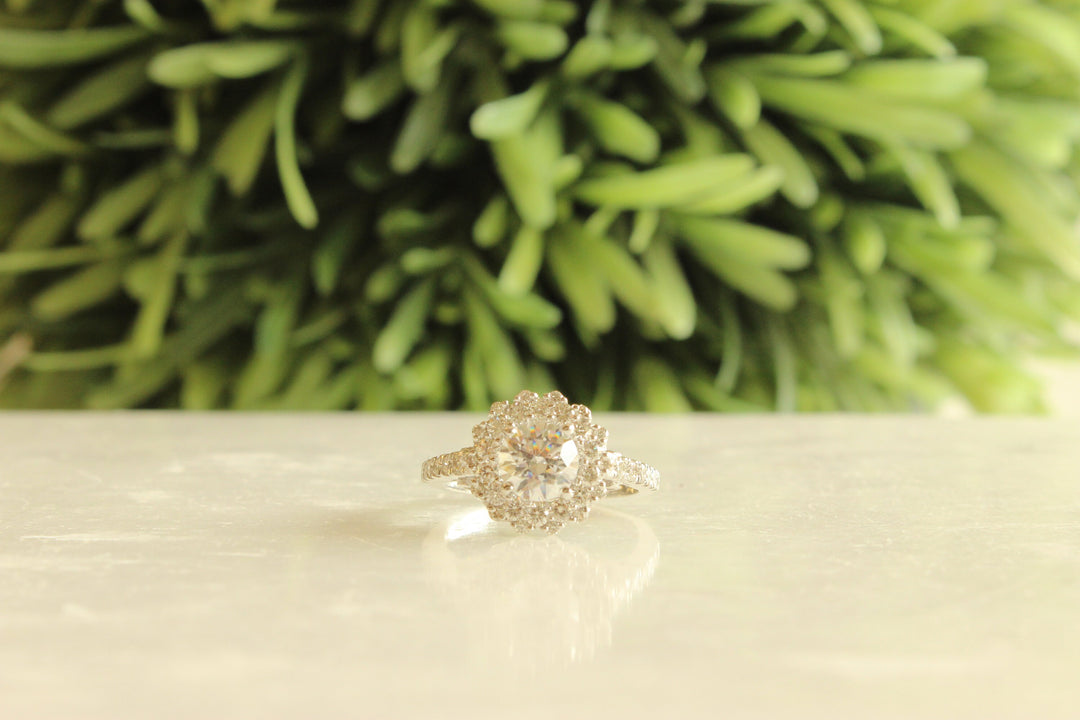 Round Solitaire Diamond Ring, Moissanite Flower Ring, 14k Solid Gold, Halo Engagement Ring, Gift For Her