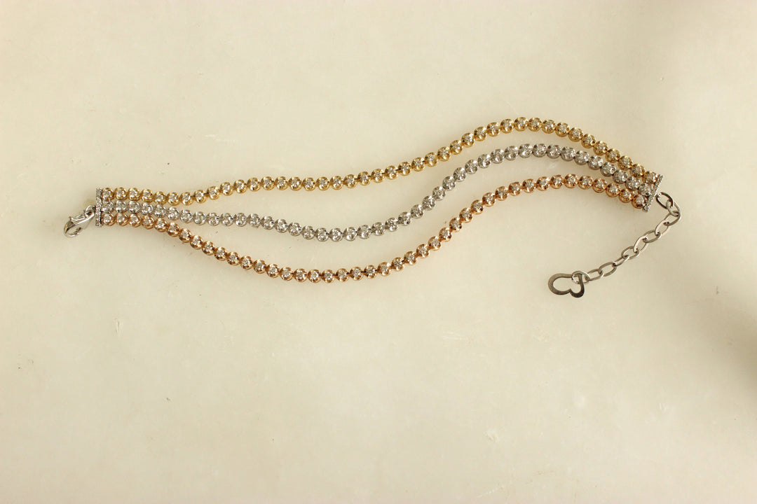 Trinity Tennis Bracelet, 14k Solid Gold Stackable Bracelet, Multi-Layered Connected Tri-color Bracelet, Natural Diamonds, Gift For Her