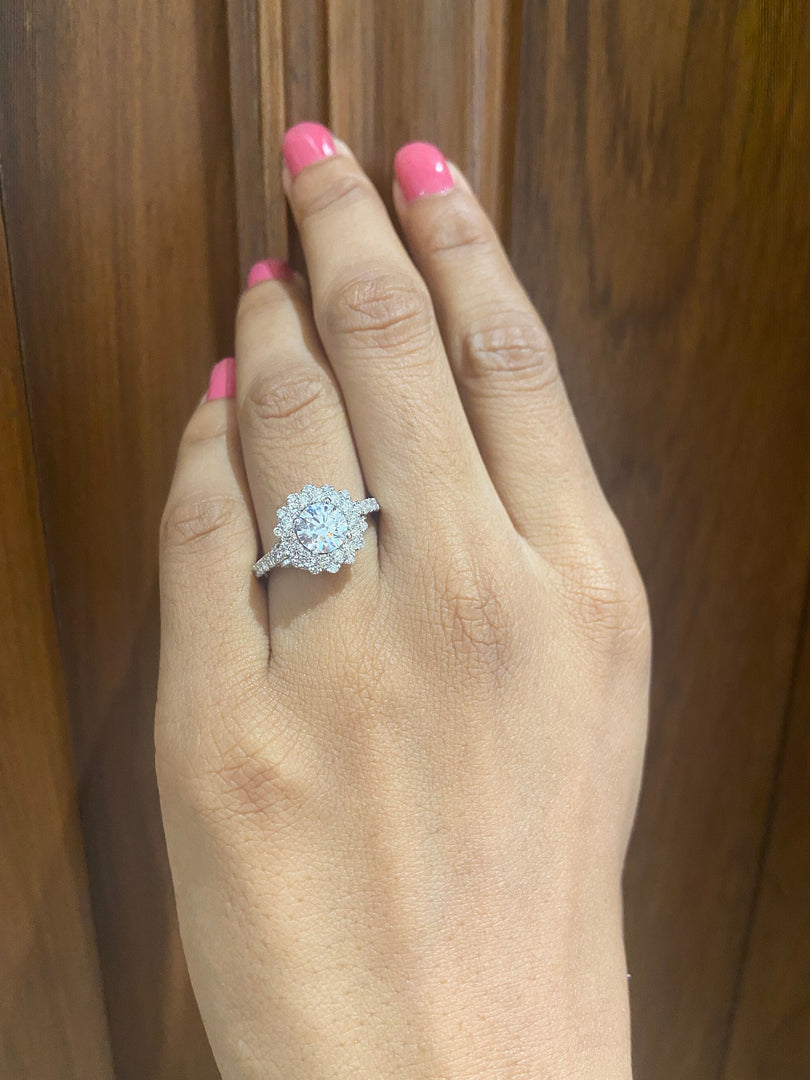 Round Solitaire Diamond Ring, Moissanite Flower Ring, 14k Solid Gold, Halo Engagement Ring, Gift For Her