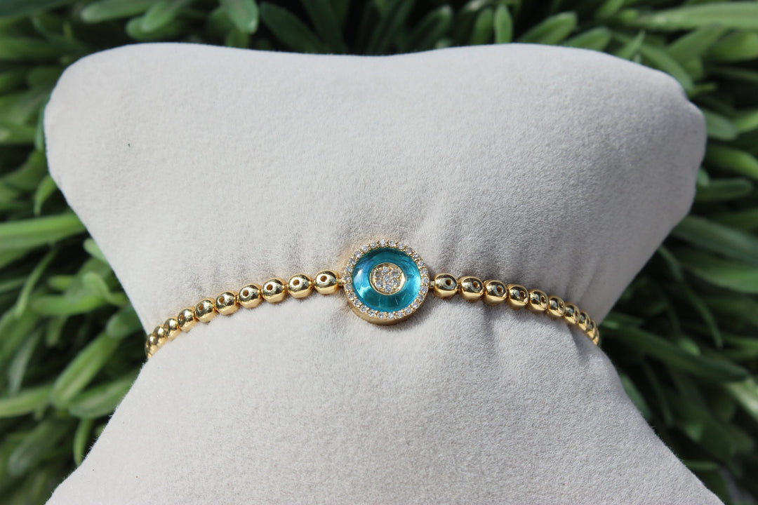 Evil Eye Charm Diamond Bracelet with Blue Enameling, 14k Solid Gold, Natural Diamonds, Gift for women