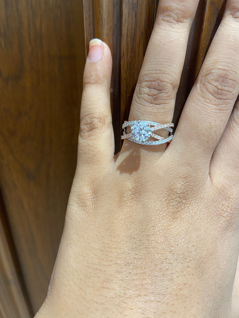 Solitaire Diamond Ring, Moissanite Engagement Ring, Crossover Shank Diamond Ring, Dual Tone, 14k Solid Gold, Gift For Her