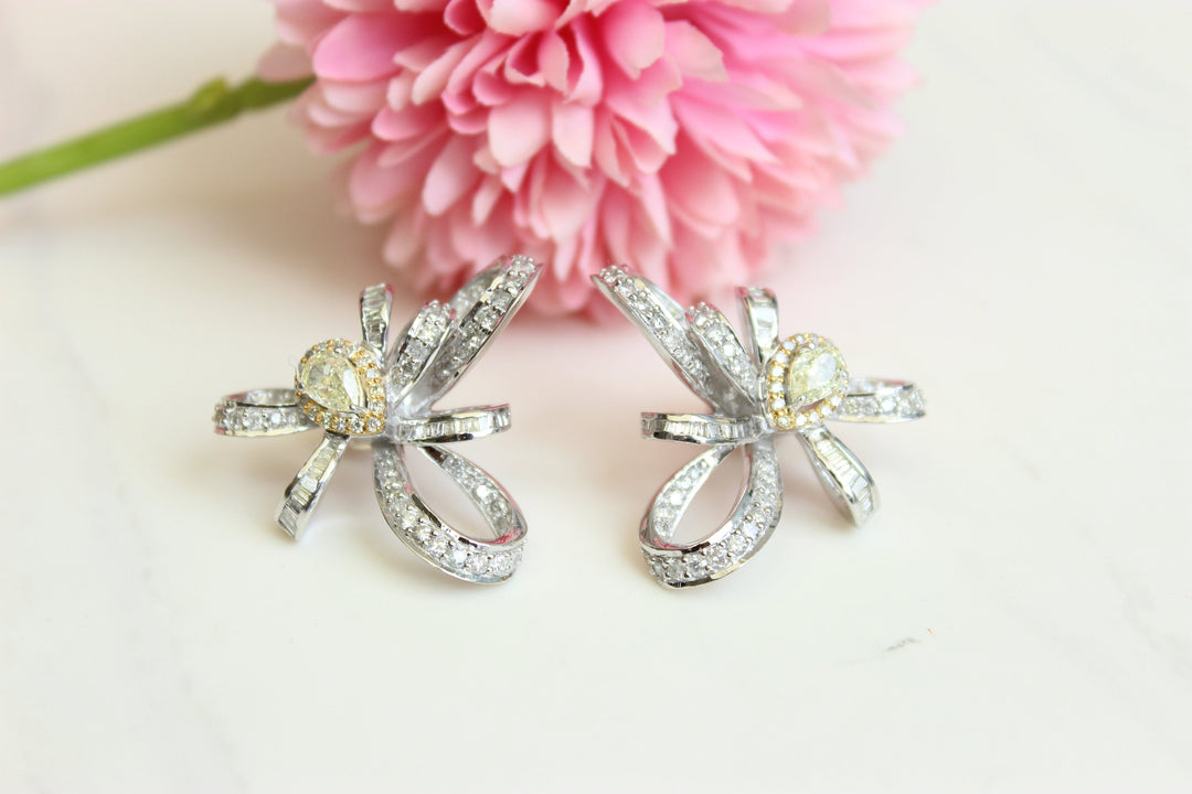 Bow Earrings with Pear Shaped Diamonds, with Baguette Diamond accents, 14k Solid Gold, Natural Diamonds, Dual Tone, Gift for her
