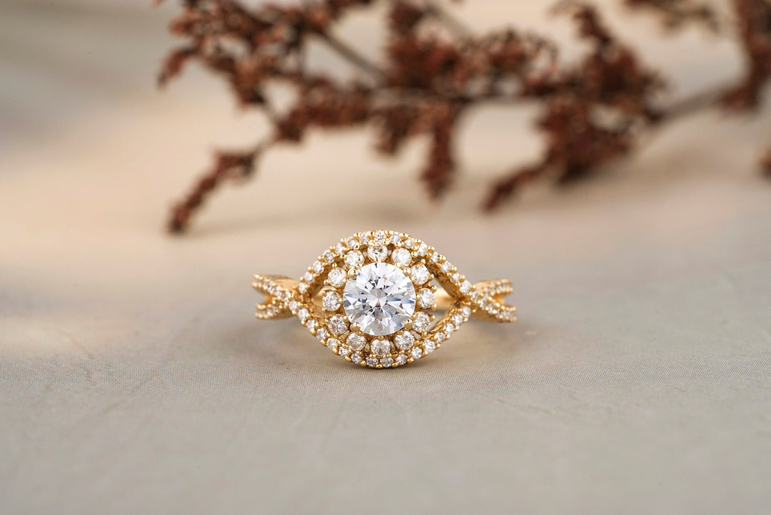 Round Engagement Diamond Ring, 14k Solid Gold, Solitaire Ring, Halo Eye Shape Design, Natural Diamonds, Gift For Her
