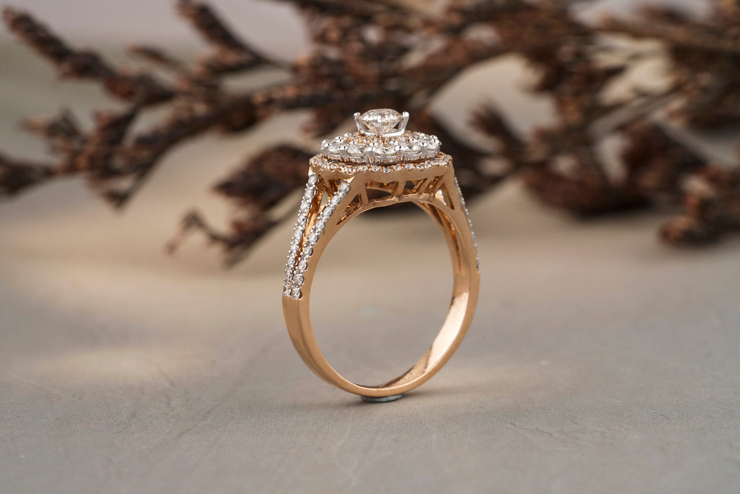 Round Solitaire Flower Diamond Ring in 14K Solid Gold, Natural Diamonds, Gift for her