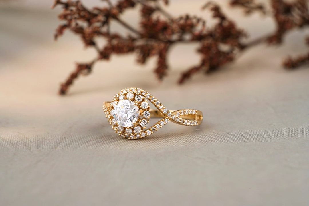 Round Engagement Diamond Ring, 14k Solid Gold, Solitaire Ring, Halo Eye Shape Design, Natural Diamonds, Gift For Her