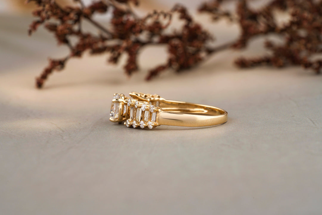 Round Solitaire Diamond Ring, Moissanite Engagement Ring, Baguette Diamond, 14k Solid Gold, Side Ladder look, Gift For Her