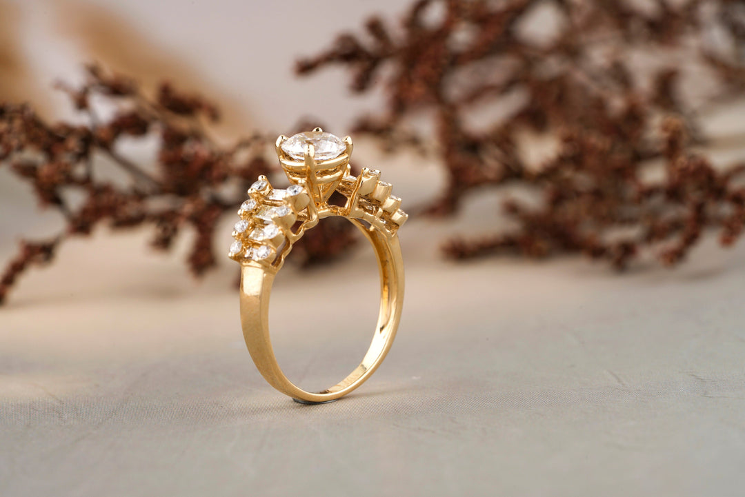 Round Solitaire Diamond Ring, Moissanite Engagement Ring, Baguette Diamond, 14k Solid Gold, Side Ladder look, Gift For Her