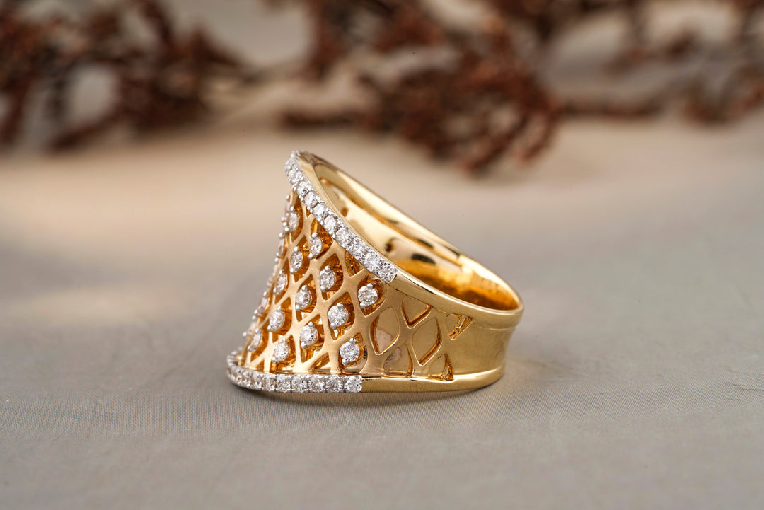 Diamond Cocktail Ring, 14K Solid Gold, Natural Diamonds, Concave Corset Ring, Broad Diamond Band with Matt Effect, Gift for her