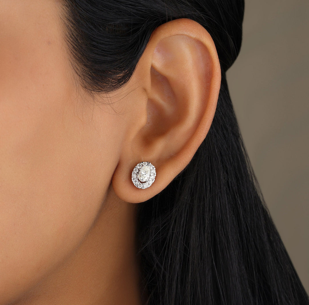 Oval Shaped Diamond Studs with Halos, Solitaire Earrings, 14K Solid Gold, Natural Diamonds, Ready To Ship, Women&#39;s Day Gift