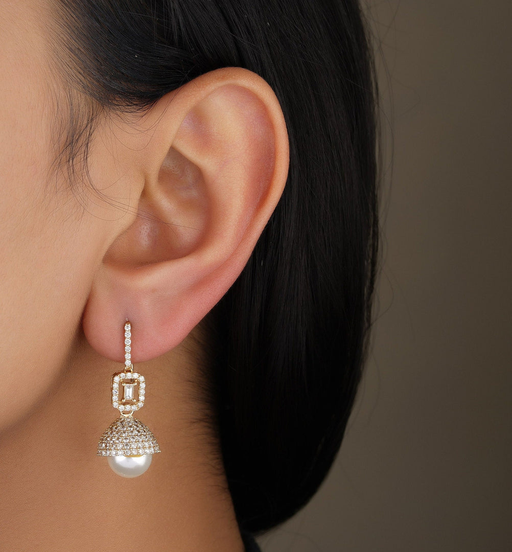 Pearl Drop Diamond Earrings, Baguette & Round Diamond Earrings In 14K Solid Gold, Gift for her