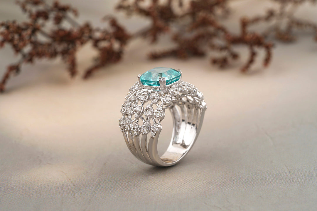 Aquamarine Diamond Ring In 14k Solid Gold, Birthstone Ring With Natural Diamonds, Gift for Her