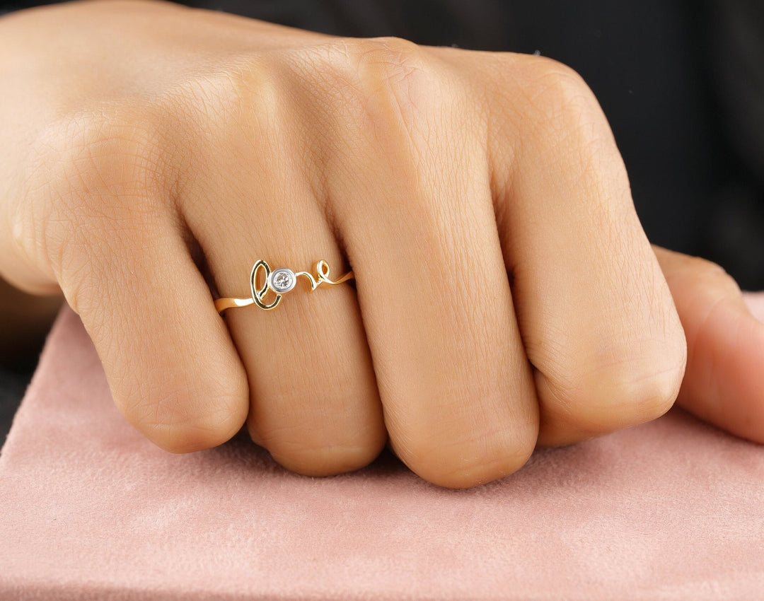 Diamond Love Ring In 14K Solid Gold, Proposal Ring With Natural Diamonds, Gift for Her