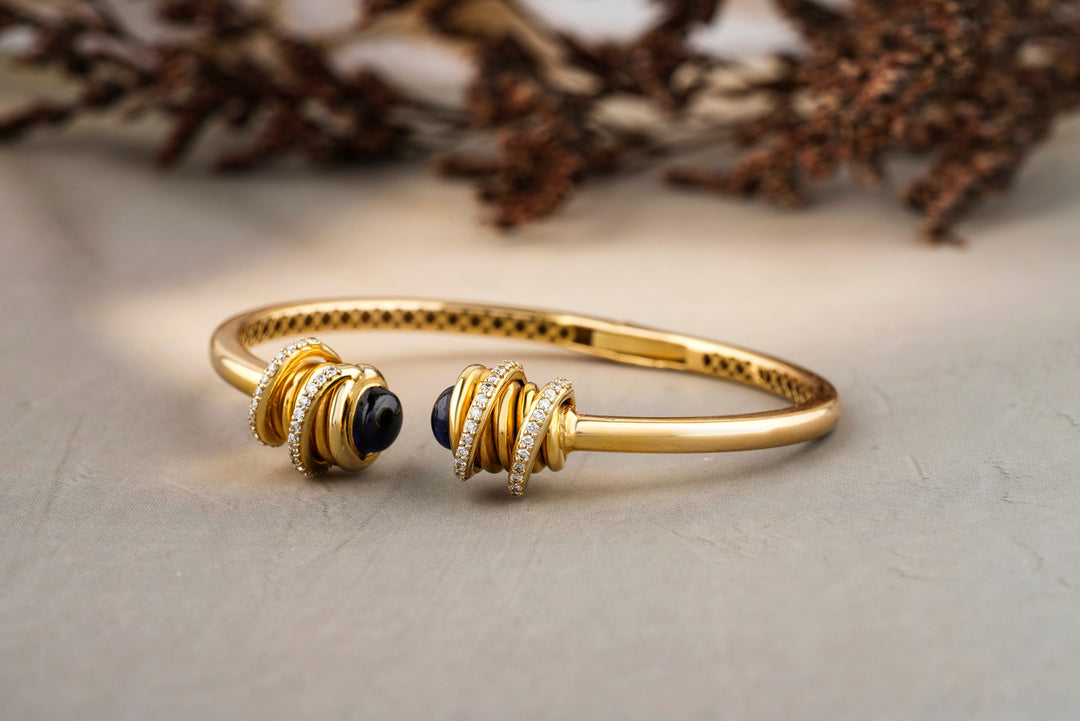 Blue Sapphire Diamond Cuff Bracelet, Spiral Bracelet With Natural Diamonds, 14K Solid Gold, Gift for her