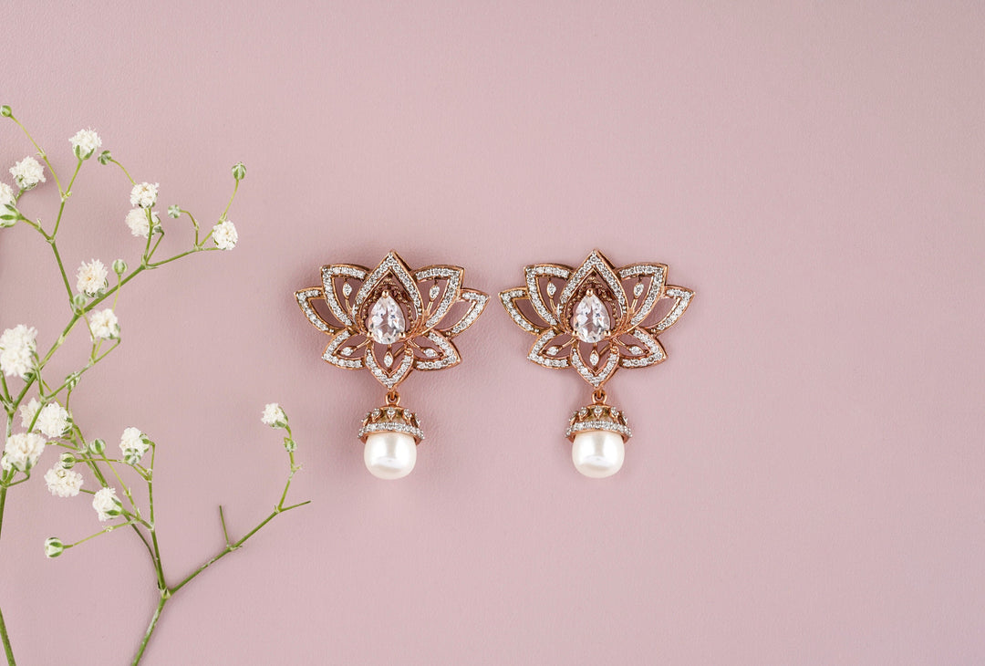 Lotus Design Earrings with White Topaz Gemstone, Classy Pearl Drop Earrings, 14k Solid Gold, Natural Diamonds, Gift For Her