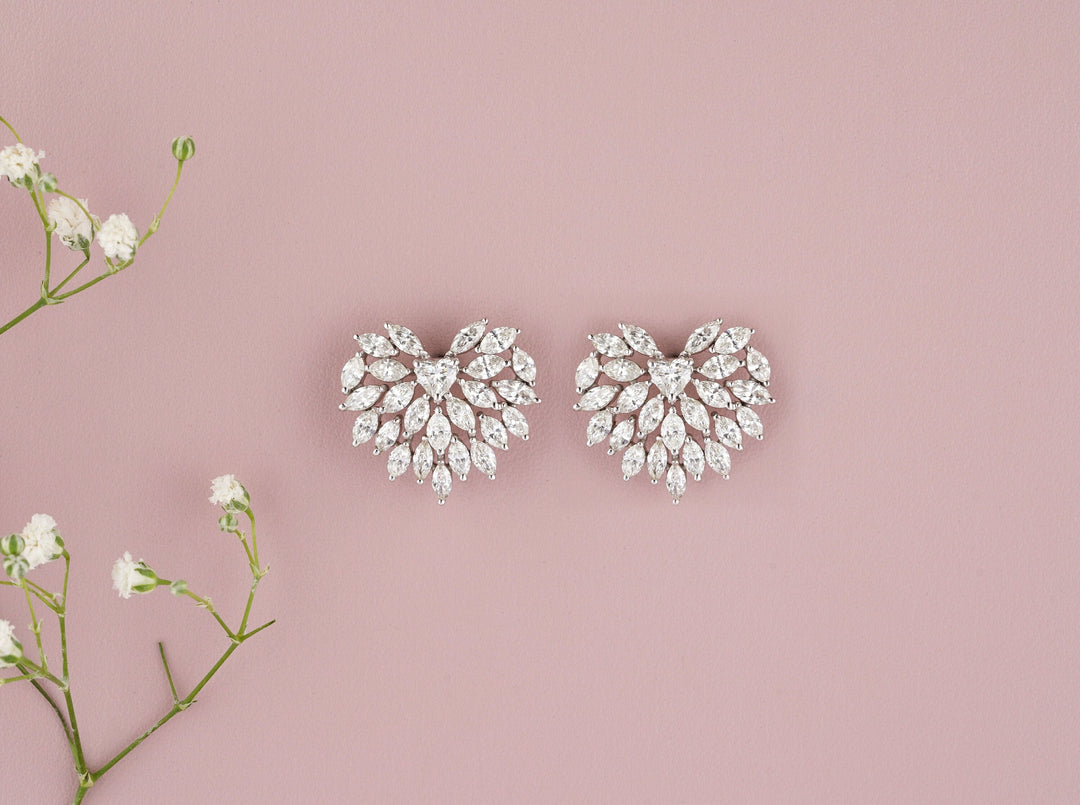 Fancy shape diamond stud earrings, Angel Wings Earrings with Marquise and Heart Diamonds, 14k Solid Gold, Natural Diamonds, Bridal Jewelry