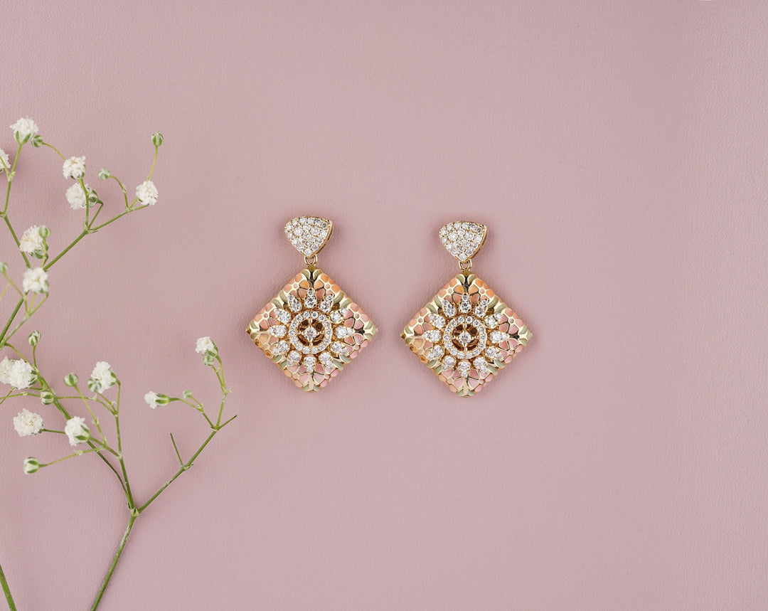 Diamond and Enamel Flower Earrings, Pink and Green Enamelling, 14k Solid Gold, Natural Diamonds, Gift For Her