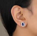 Load image into Gallery viewer, Oval Blue Sapphires Earrings with Diamond Halos, Gemstone Stud earrings, 14K Solid Gold, Natural Diamonds, Gift for her
