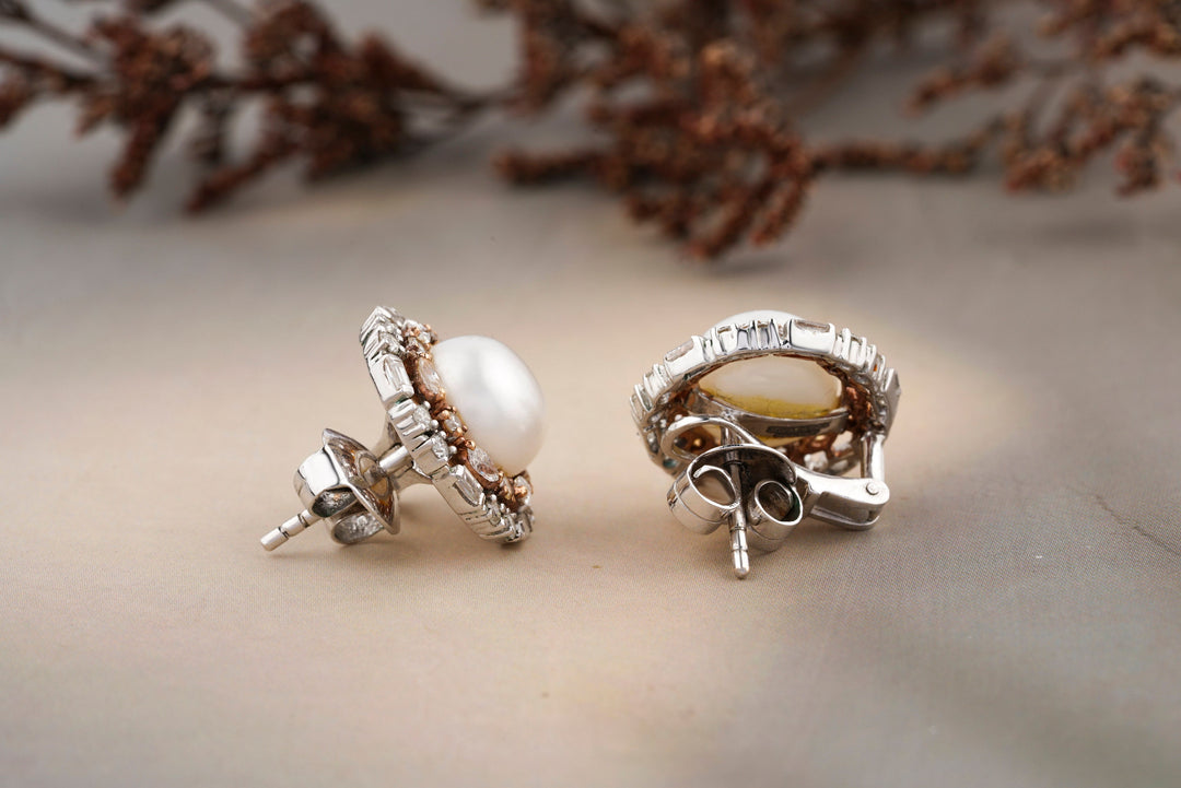 Pearl Studs with Diamond Outlines, Marquise, Baguettes & Pearl Earrings, 14K Solid Gold, Natural Diamonds, Gift for her