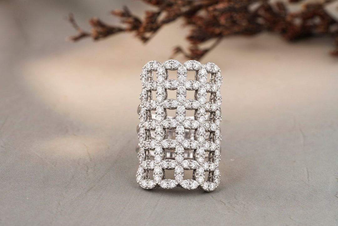 Check Design Cocktail Ring, Patterned Diamond Ring, Triple Shank Cocktail Ring, 14k Solid Gold, Natural Diamonds, Gift for her