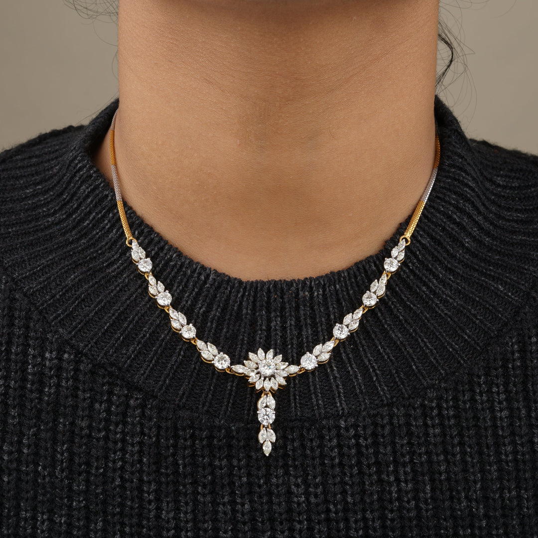 Solitaire Floral Design Diamond Necklace, Marquise Leaves, Dual Tone, 14k Solid Gold, Moissanite Necklace, Gift for her