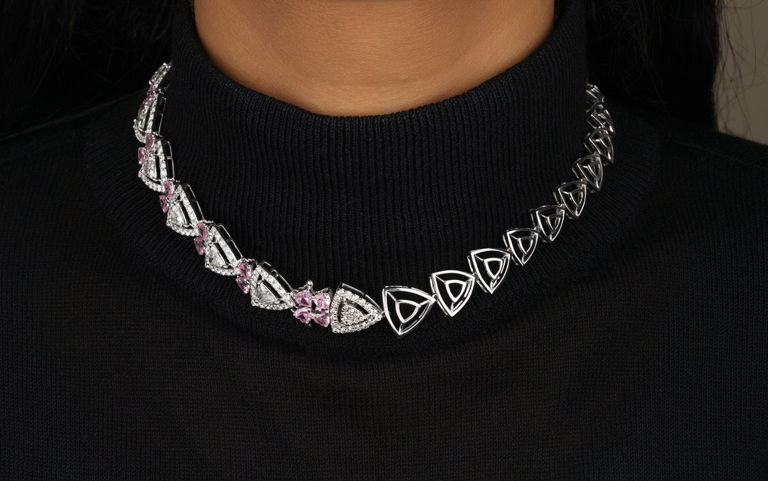 Trillion Halo Necklace, Heart shape Pink Tourmaline, Convertible Necklace Bracelet, Moissanite Necklace, 14k Solid Gold, Gift for her
