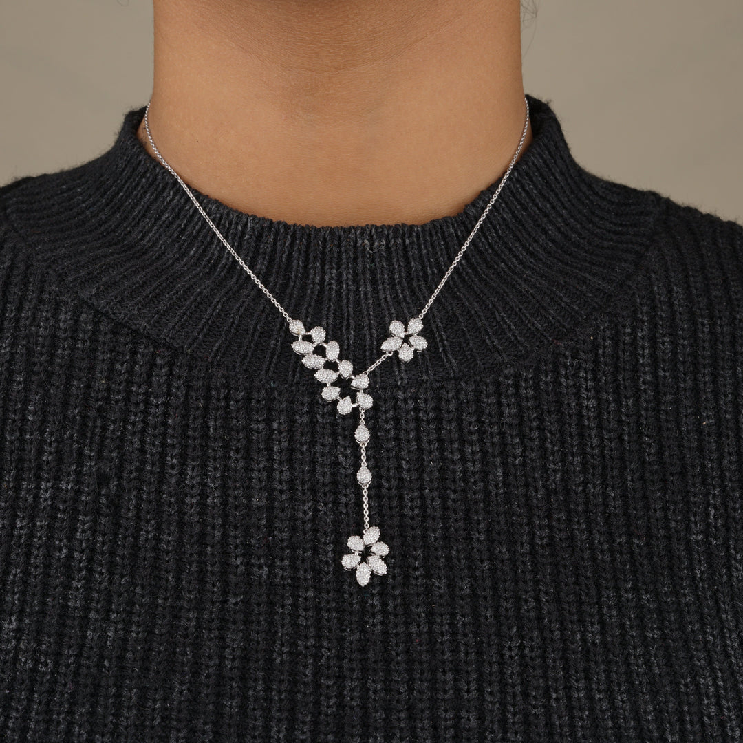 Floral Y-Drop Diamond Necklace, 14k Solid Gold, Natural Diamonds, Asymmetrical Flower Pear Shape Jewelry, Bridal Statement Necklace