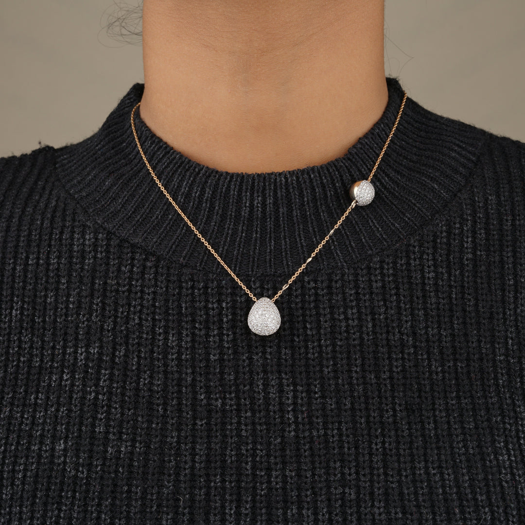 Teardrop Ball Diamond Necklace, 14k Solid Gold, Natural Diamonds, Minimalistic Charm Necklace, Asymmetrical Layering Chain