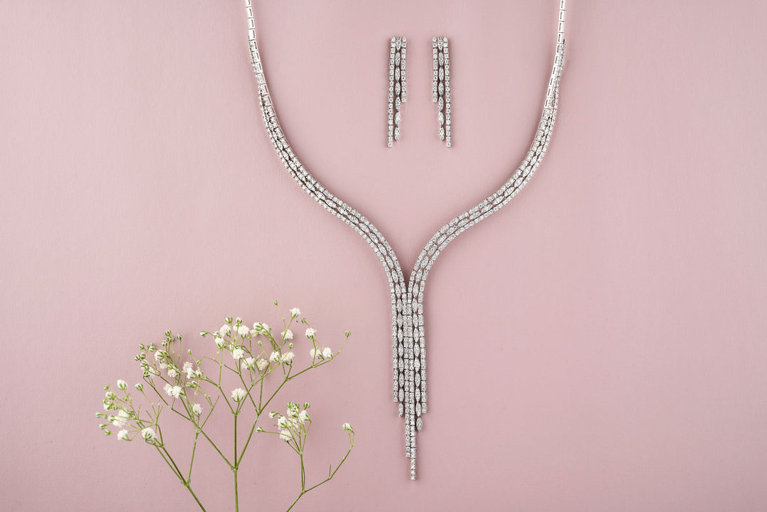 Waterfall Diamond Necklace, Asymmetric Triple line Necklace, 14k Solid Gold, Moissanite Necklace, Gift for her