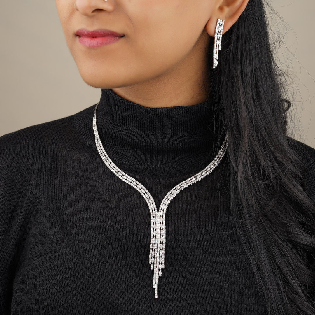 Waterfall Diamond Necklace, Asymmetric Triple line Necklace, 14k Solid Gold, Moissanite Necklace, Gift for her