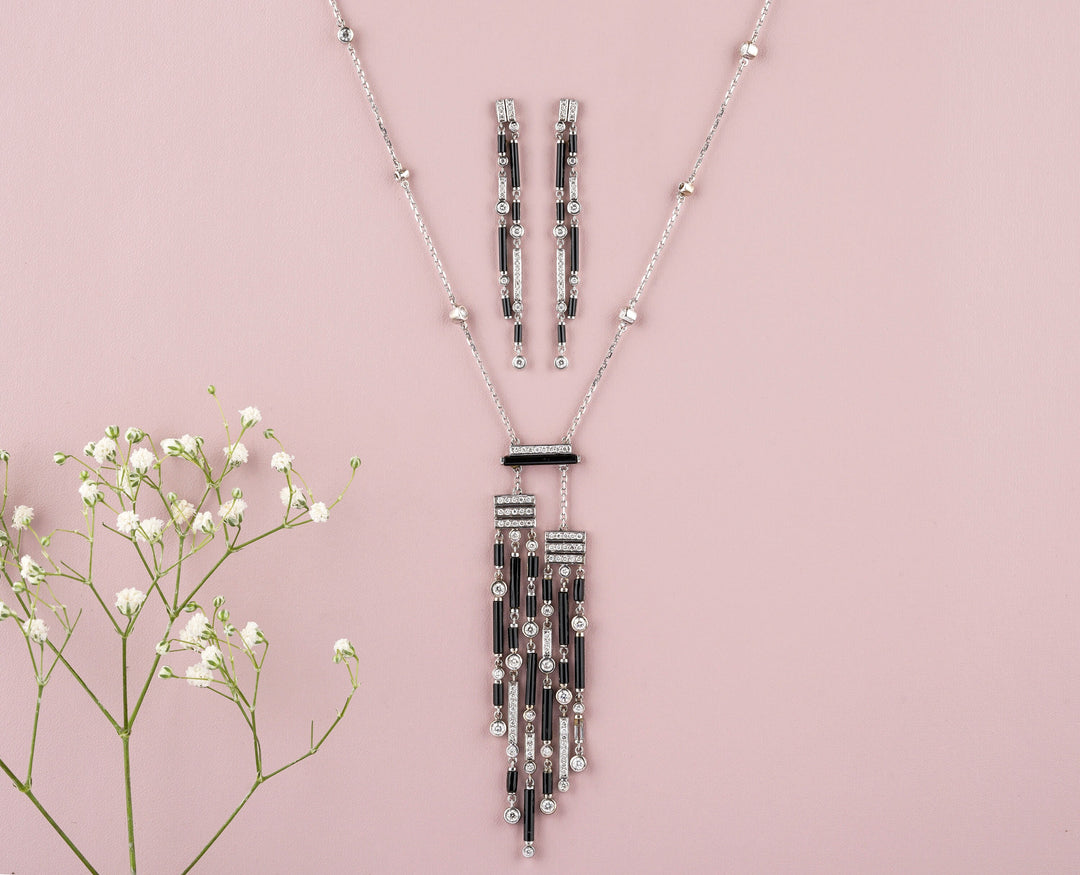 Black Rectangular bars and beads Onyx Diamond Pendant With Earrings, 14k Solid Gold, Natural Diamonds, Gift for her