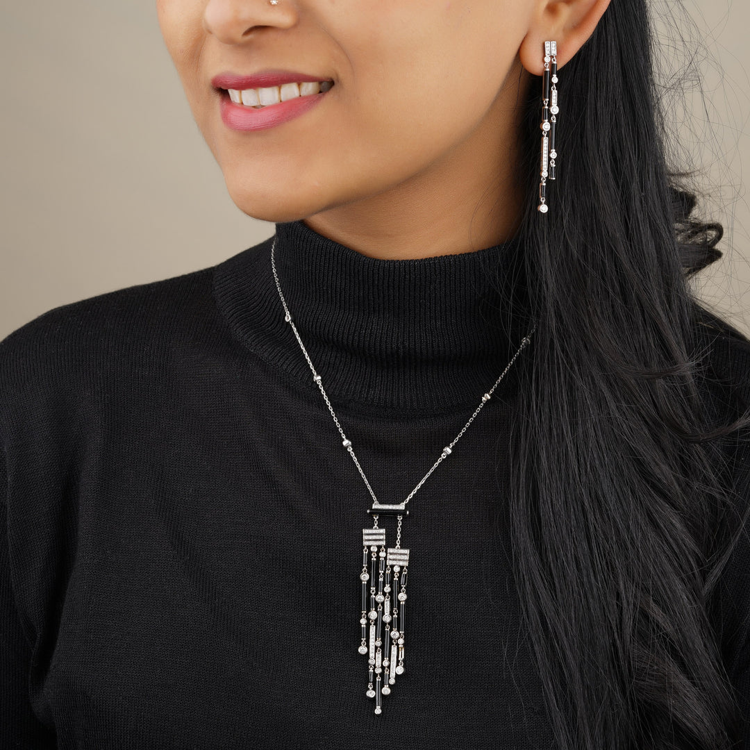 Black Rectangular bars and beads Onyx Diamond Pendant With Earrings, 14k Solid Gold, Natural Diamonds, Gift for her