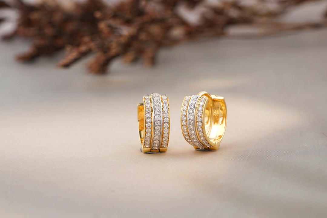 Triple line Diamond Earrings, Huggie earrings. 14k Solid Gold Earrings, Natural Diamonds, Gift for her, Dainty Diamond Earrings