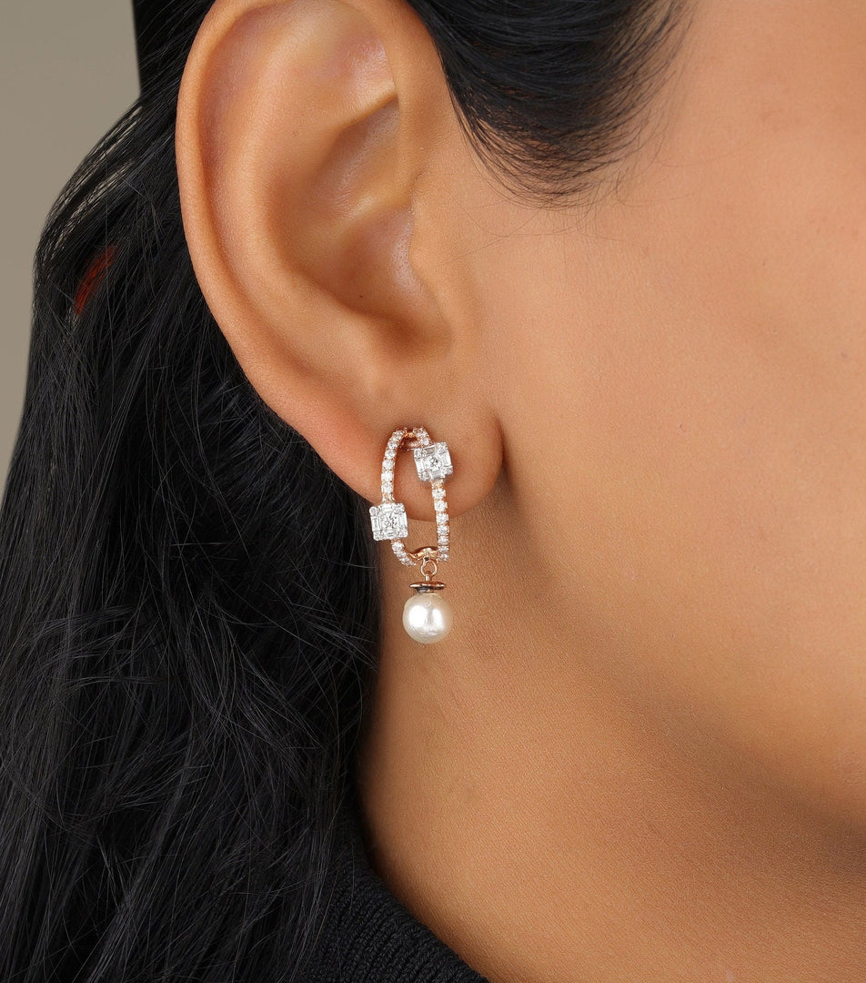 Pearl Drop Earrings, 14k Solid Gold, Natural Diamonds, Illusion Setting, Double Diamond Lines with Motifs, Baguette & Round Diamond Earrings