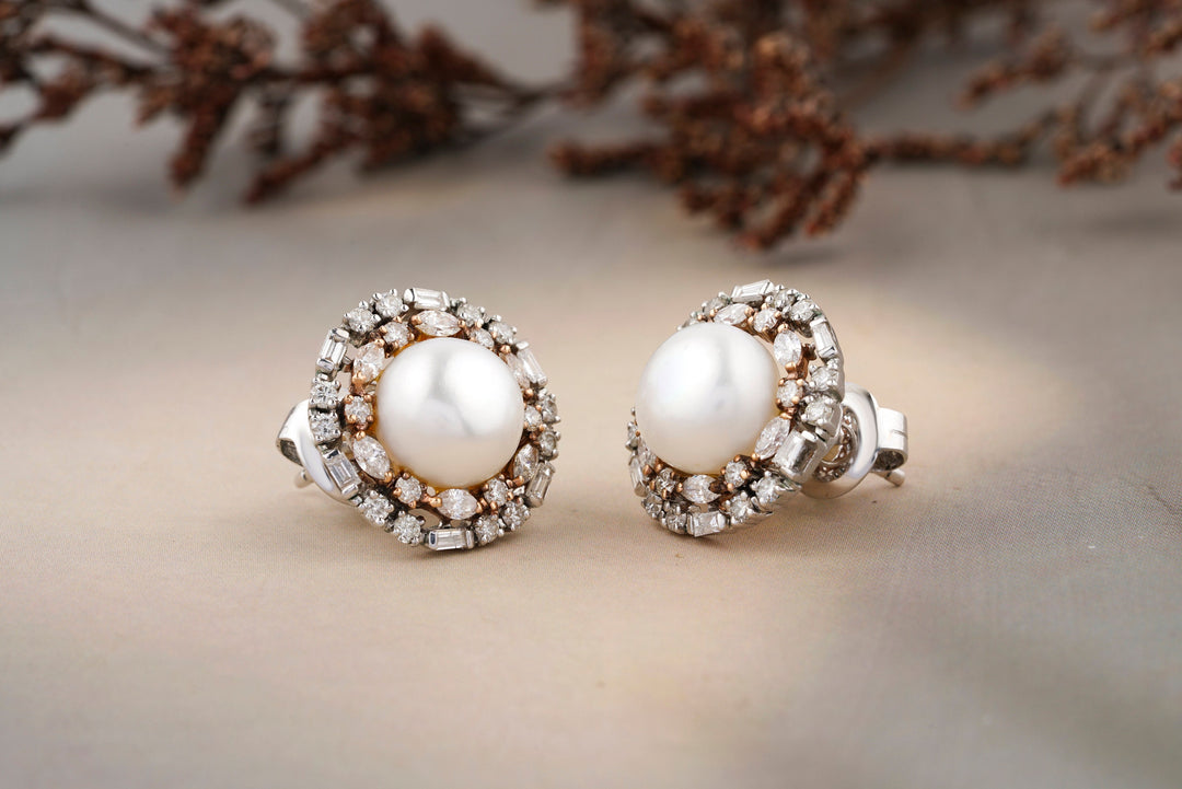 Pearl Studs with Diamond Outlines, Marquise, Baguettes & Pearl Earrings, 14K Solid Gold, Natural Diamonds, Gift for her
