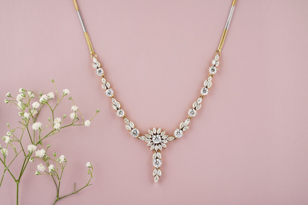 Solitaire Floral Design Diamond Necklace, Marquise Leaves, Dual Tone, 14k Solid Gold, Moissanite Necklace, Gift for her