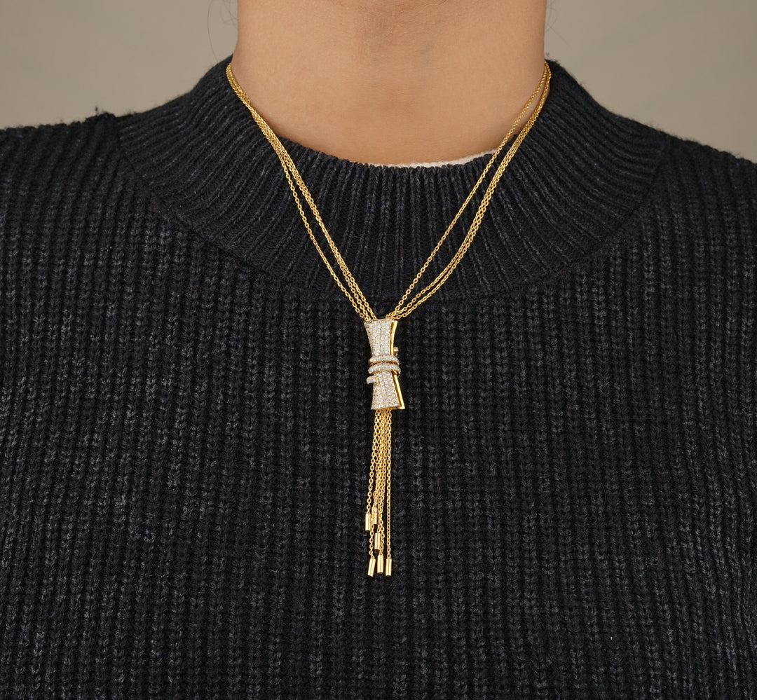 Cylindrical Diamond Charm Necklace with Gold tassels, Multiple Chain Necklace, 14k Solid Gold, Natural Diamonds, Gift For Her