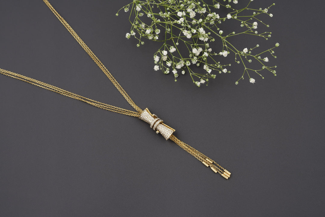 Cylindrical Diamond Charm Necklace with Gold tassels, Multiple Chain Necklace, 14k Solid Gold, Natural Diamonds, Gift For Her