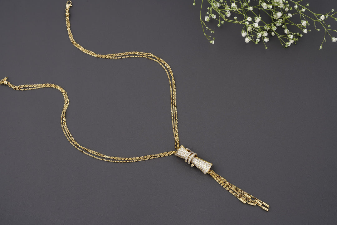 Cylindrical Diamond Charm Necklace with Gold tassels, Multiple Chain Necklace, 14k Solid Gold, Natural Diamonds, Gift For Her