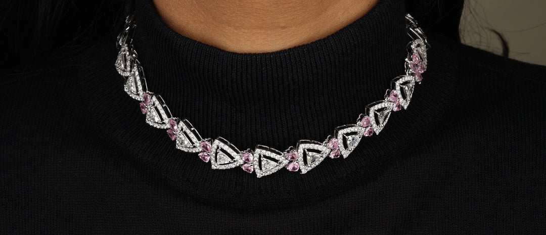 Trillion Halo Necklace, Heart shape Pink Tourmaline, Convertible Necklace Bracelet, Moissanite Necklace, 14k Solid Gold, Gift for her