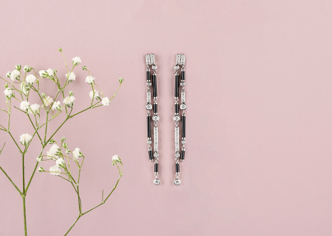 Black Onyx Diamond Dangle Earrings In 14k Solid Gold, Rectangular Bars And Beads With Natural Diamonds, Gift for her