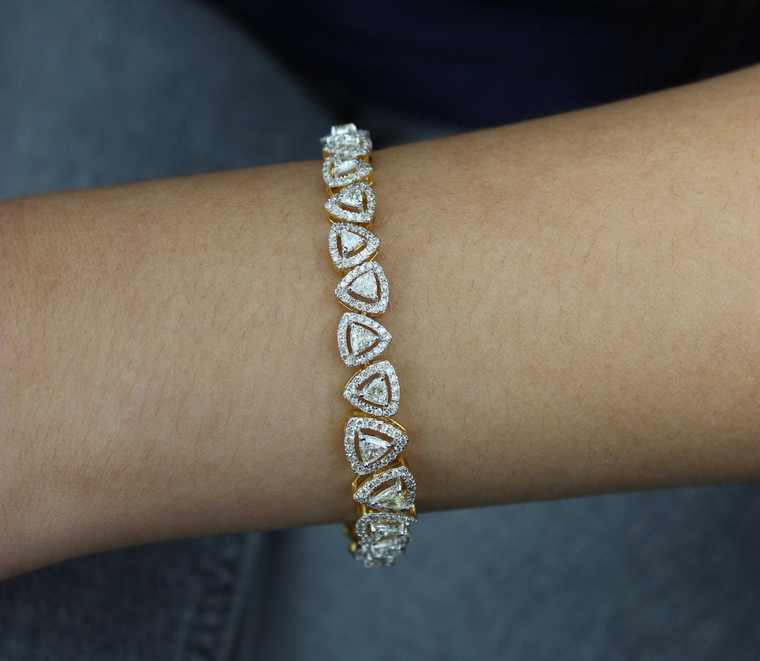 Trillion Diamond Tennis Bracelet With Halo Setting, 14k Solid Gold, Stackable Bracelet, Natural Diamonds, Bridal Jewelry, Gift for Her