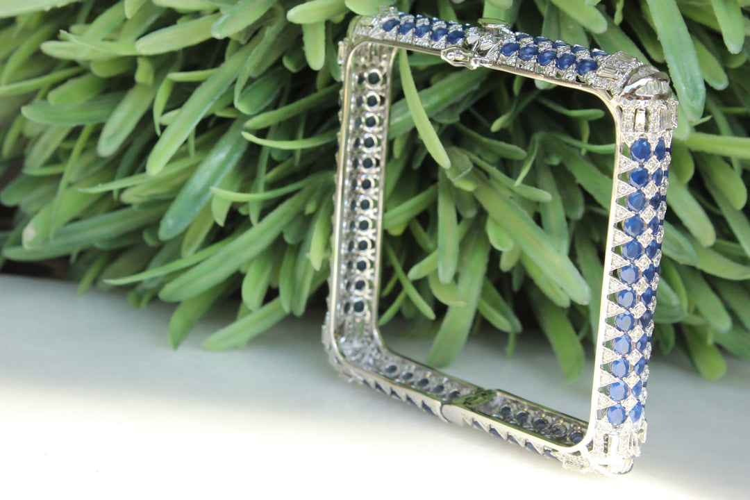 Blue Sapphire Diamond Bangle, Square Bangle Bracelet in 14K Solid Gold, Fancy Diamond Cocktail Bracelet, Natural Diamonds, Gift for Her
