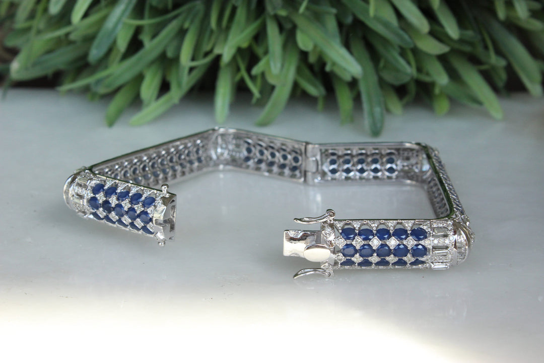 Blue Sapphire Diamond Bangle, Square Bangle Bracelet in 14K Solid Gold, Fancy Diamond Cocktail Bracelet, Natural Diamonds, Gift for Her