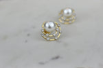 Load image into Gallery viewer, Concentric Circular Design Pearl Stud Earrings, Natural Diamonds, Gemstone Earrings, 14k Solid Gold, Gift for her, Elegant Design
